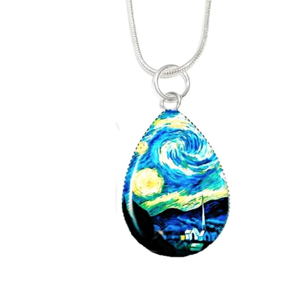 Van Gogh Starry Night Teardrop Pendant Necklace on Sterling Chain With Gift Box